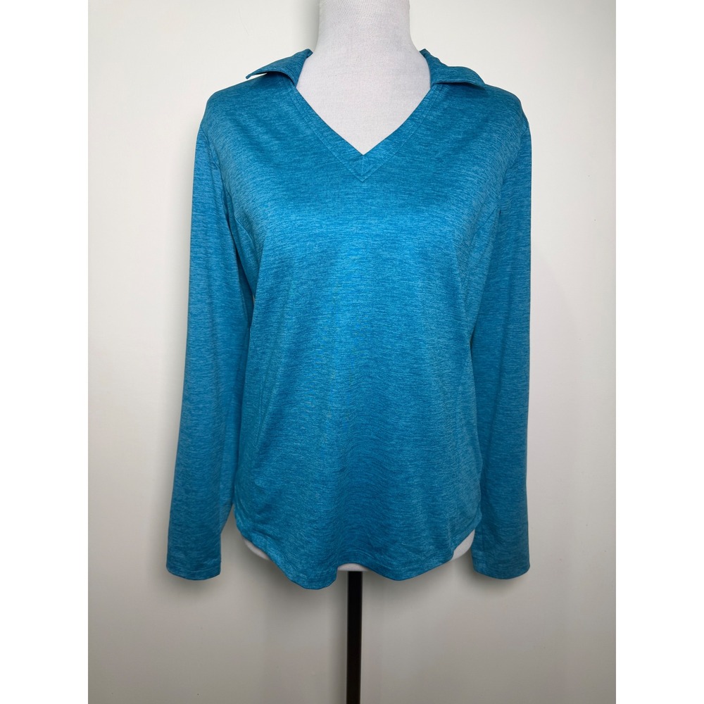 Lady Hagen Womens Teal Blue Heathered Long Sleeve V-Neck Golf Polo Shirt Small